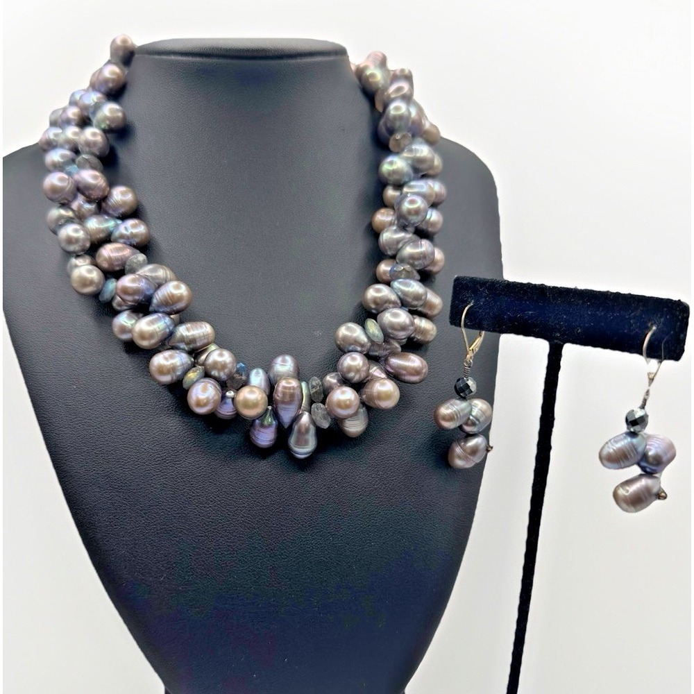 Sterling Silver Peacock Pearl & Labradorite Necklace Earrings Set Double Strand